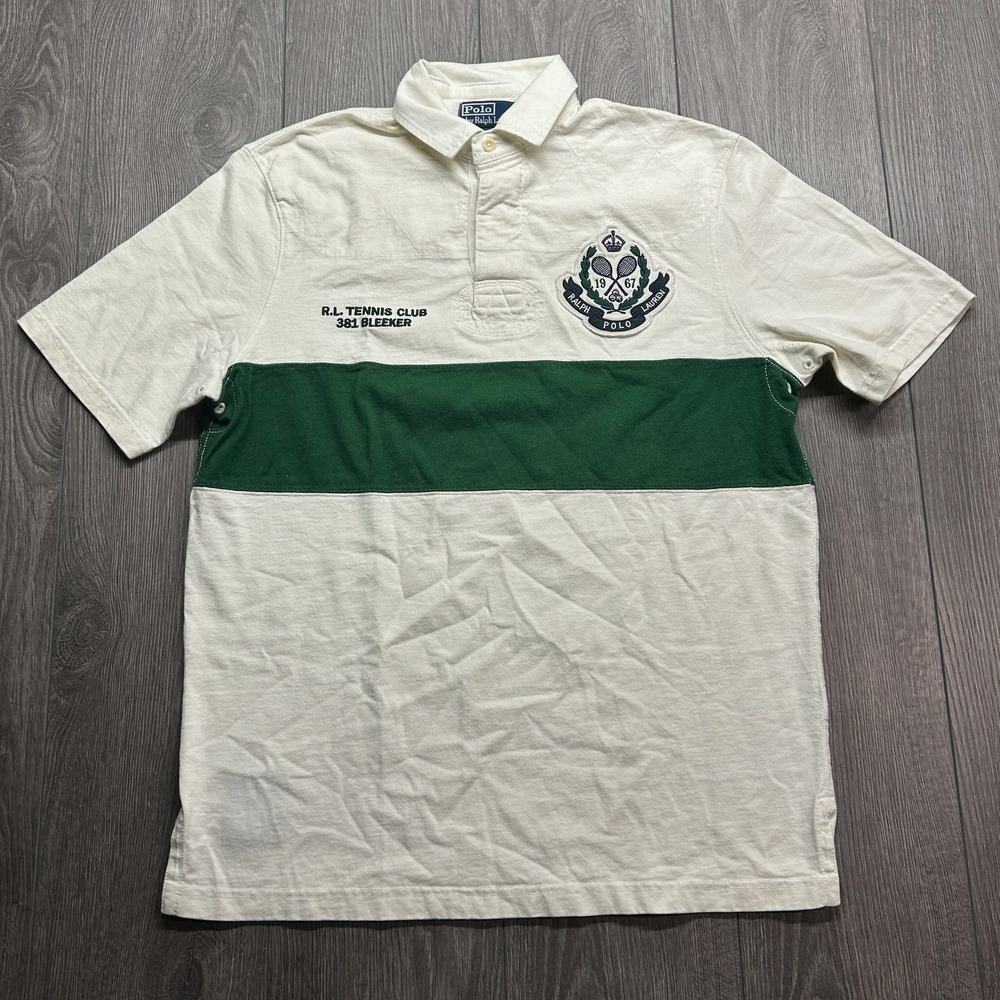 Polo Ralph Lauren Tennis Club Rugby Shirt Mens Small Cream Green Stripe 1967